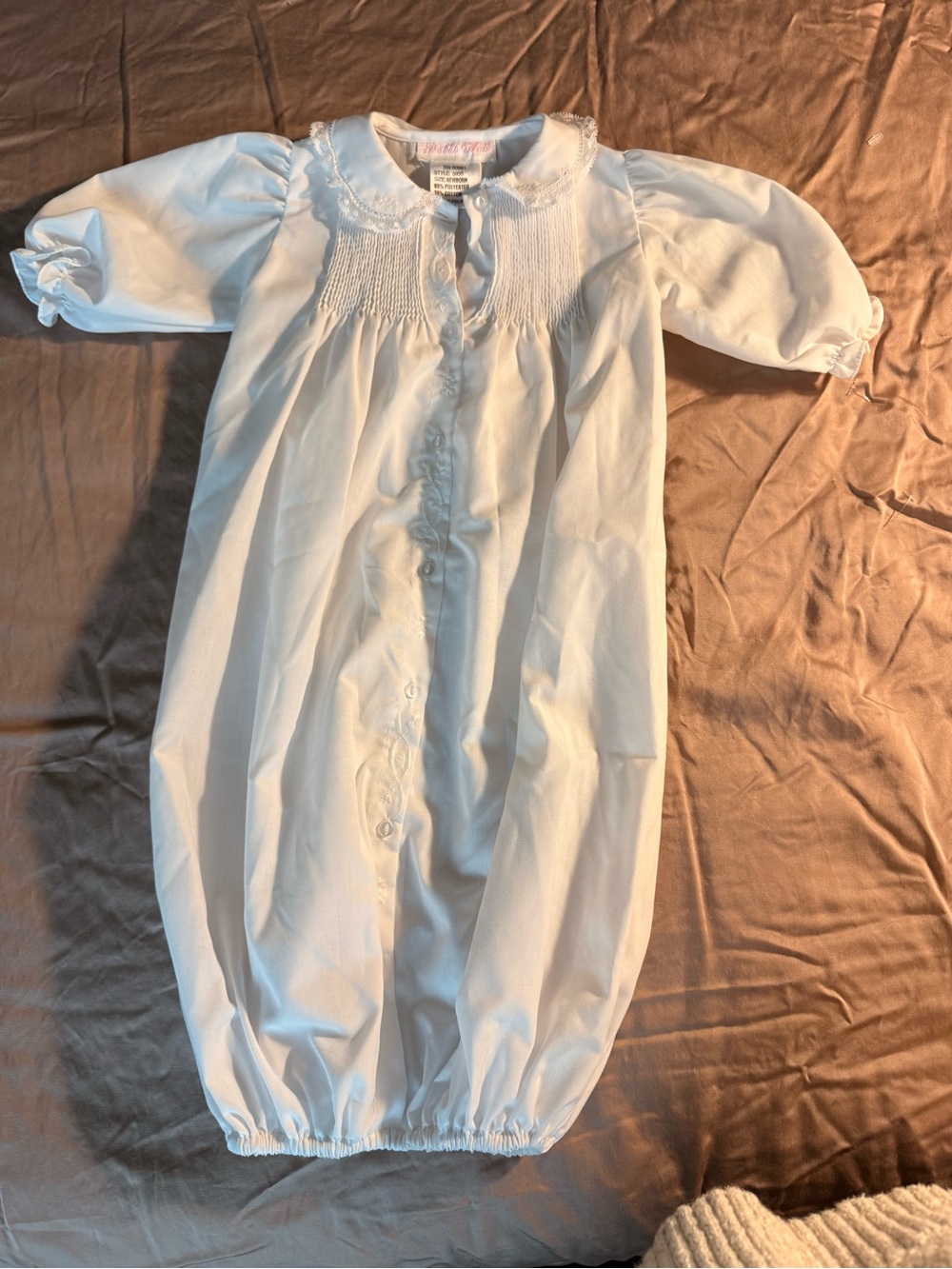 White petit Ami Infant Long Button-Front Gown - Classic Smocked Design